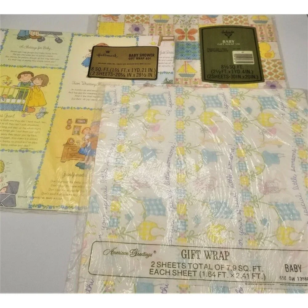 Vintage Gift Wrap Hallmark American Greetings Baby Shower NIP Lot of 3